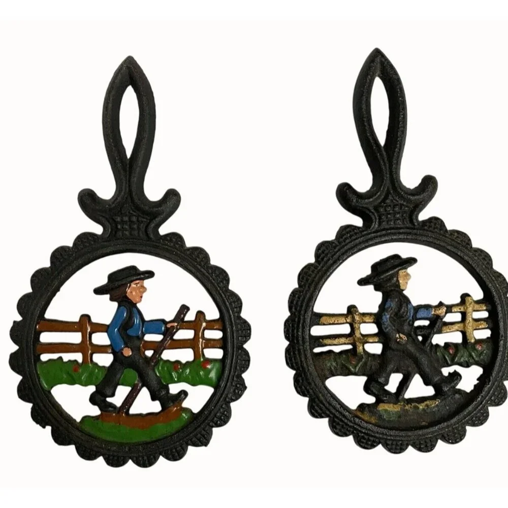 Vintage 1980's Small 2 Hand Painted Quaker Man Amish Cast Iron‎ Trivets